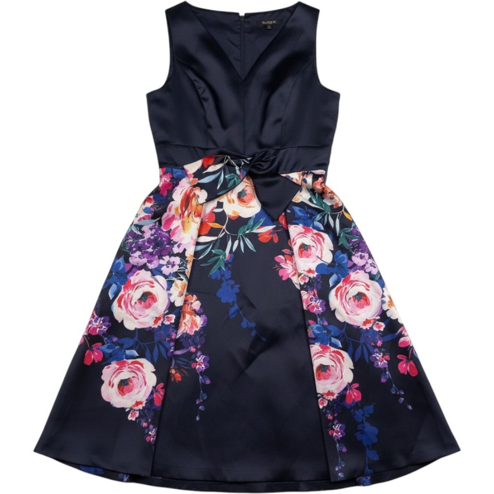 Alex Marie Navy Blue Floral Satin Fit Flare Cocktail Dress Bow Waist Size 6 NWT